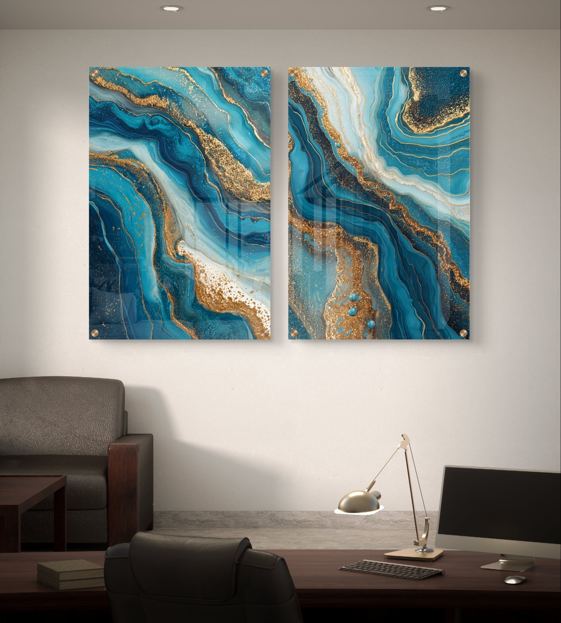 תמונת זכוכית זוגית בעיצוב אבסטרקט בגווני טורקיז, כחול וזהב עם זרימה טבעית