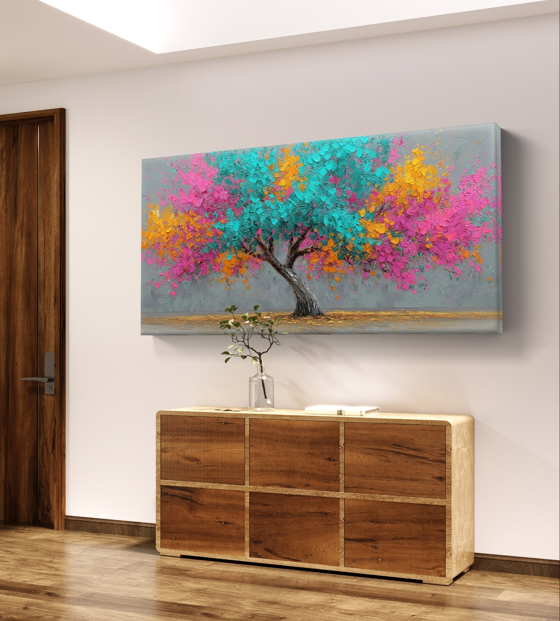 תמונת קנבס לרוחב של עץ צבעוני בגווני טורקיז, ורוד וכתום בעיצוב אומנותי מלא חיים