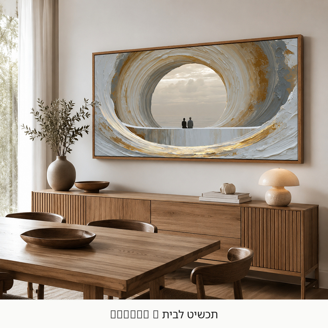 מול האופק – תמונת קנבס אבסטרקטית עם דמויות בגווני זהב | RN1353