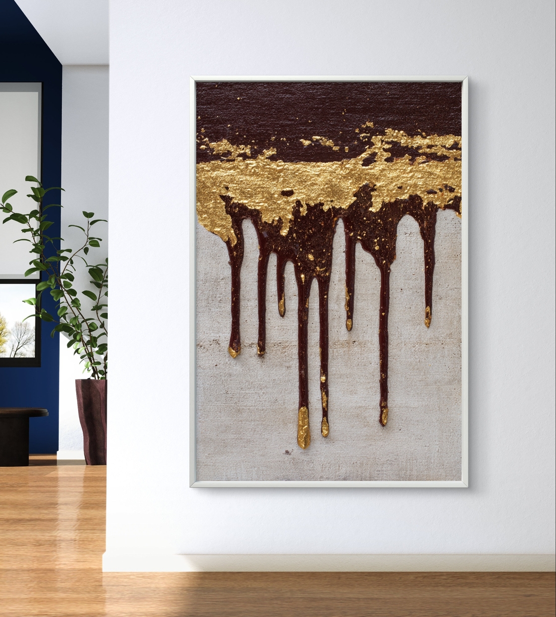 תמונת קנבס מופשטת בגווני זהב ויין כהה עם אפקט טיפות בהדפסה חלקה ללא תבליט – תכשיט לבית