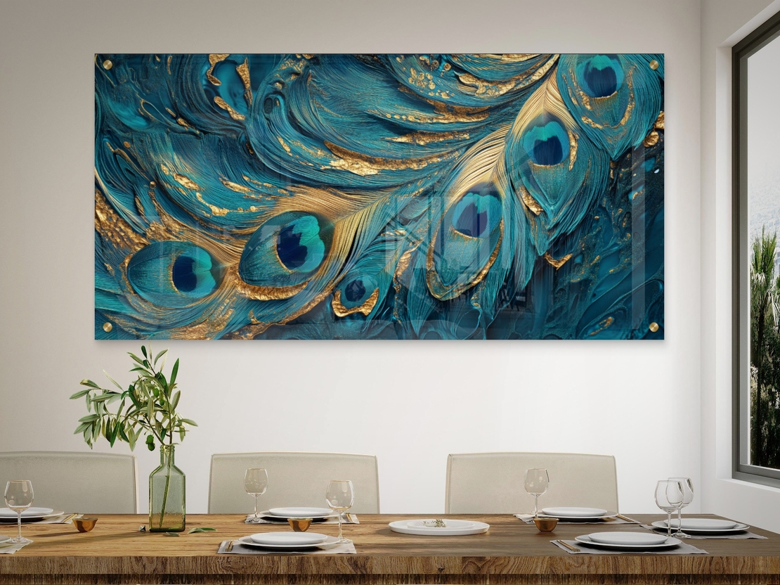 תמונת זכוכית לרוחב בגווני טורקיז וזהב בהשראת נוצות טווס, עיצוב מודרני ויוקרתי לקיר – NEXTGEN BY BAR