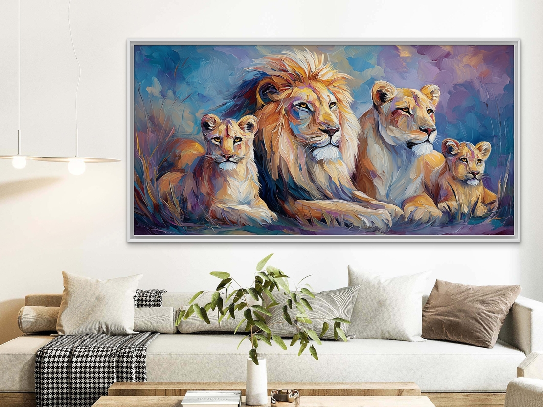 תמונת קנבס צבעונית של משפחת אריות – יצירה אמנותית בעיצוב מודרני מתוך קולקציית NEXTGEN BY BAR של תכשיט לבית.