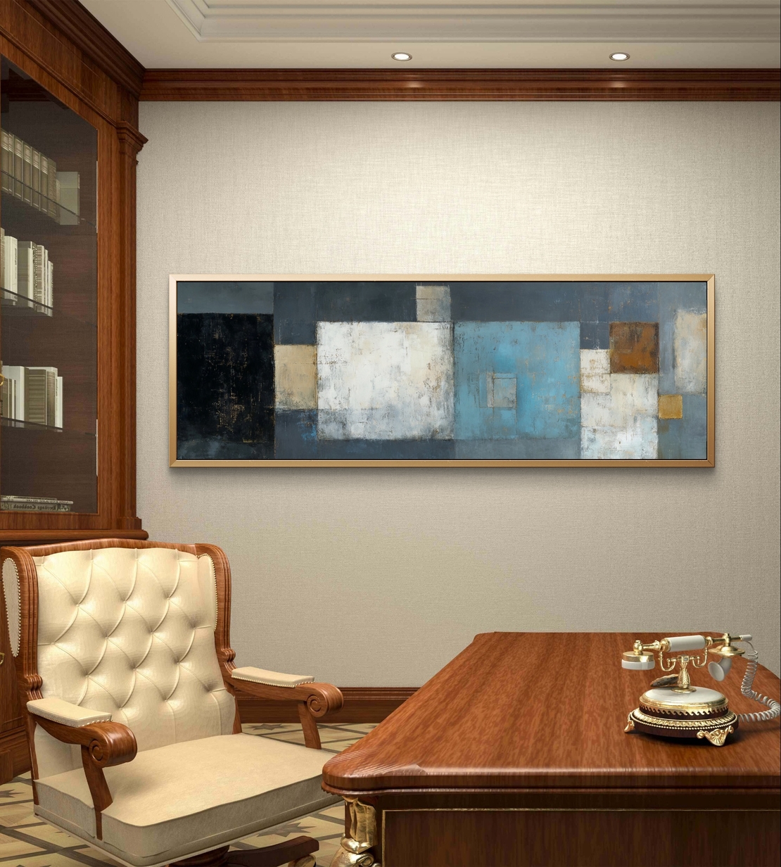 ריבועים שקטים – תמונת קנבס פנורמית אבסטרקטית בגווני כחול, לבן, אפור וזהב | CT4672