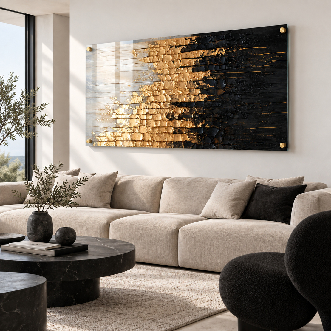 תמונת זכוכית אבסטרקט שחור וזהב עם טקסטורה | דגם KG8733