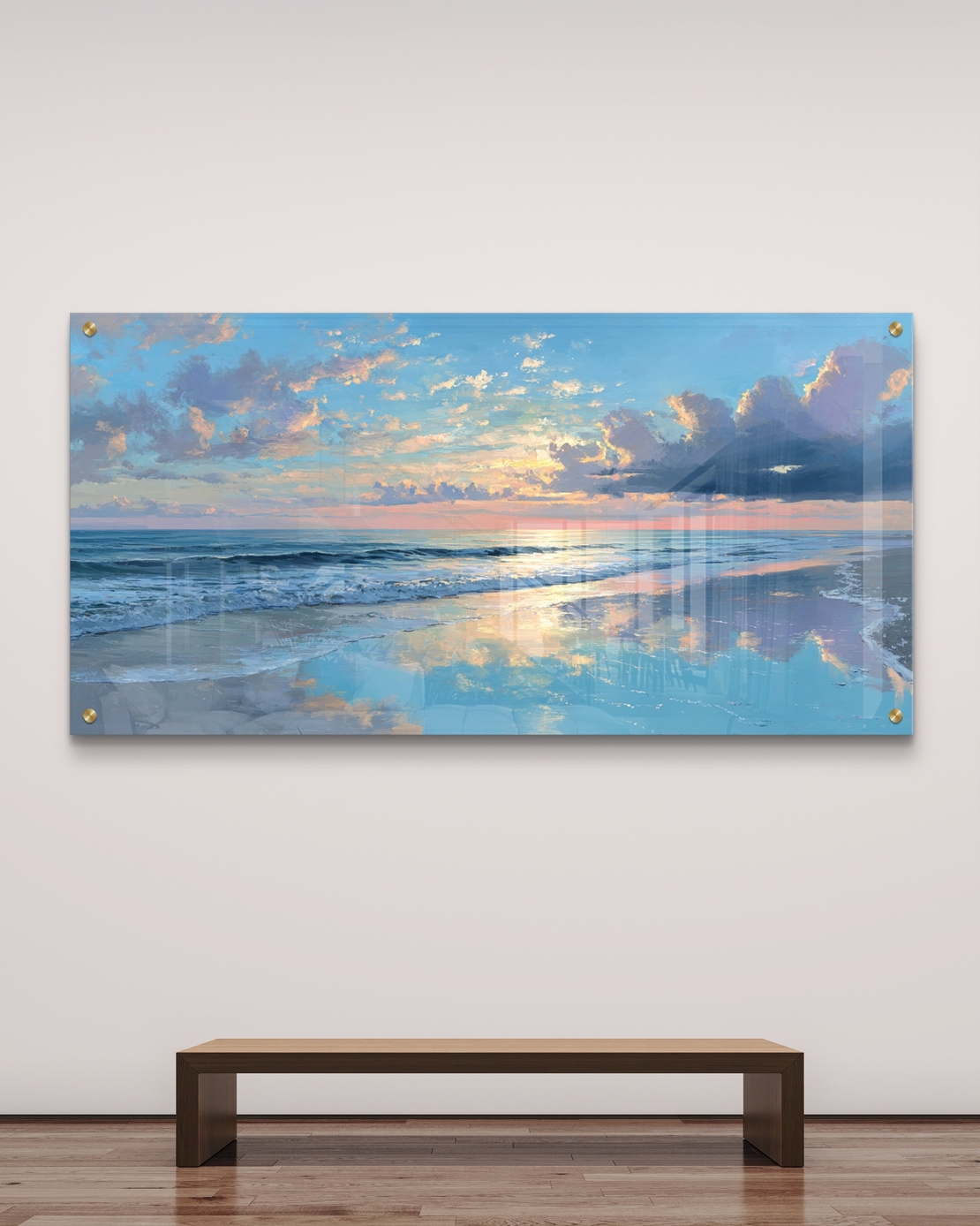 תמונת זכוכית לרוחב של שקיעה מעל הים עם השתקפות מים בגווני כחול וזהב בעיצוב יוקרתי