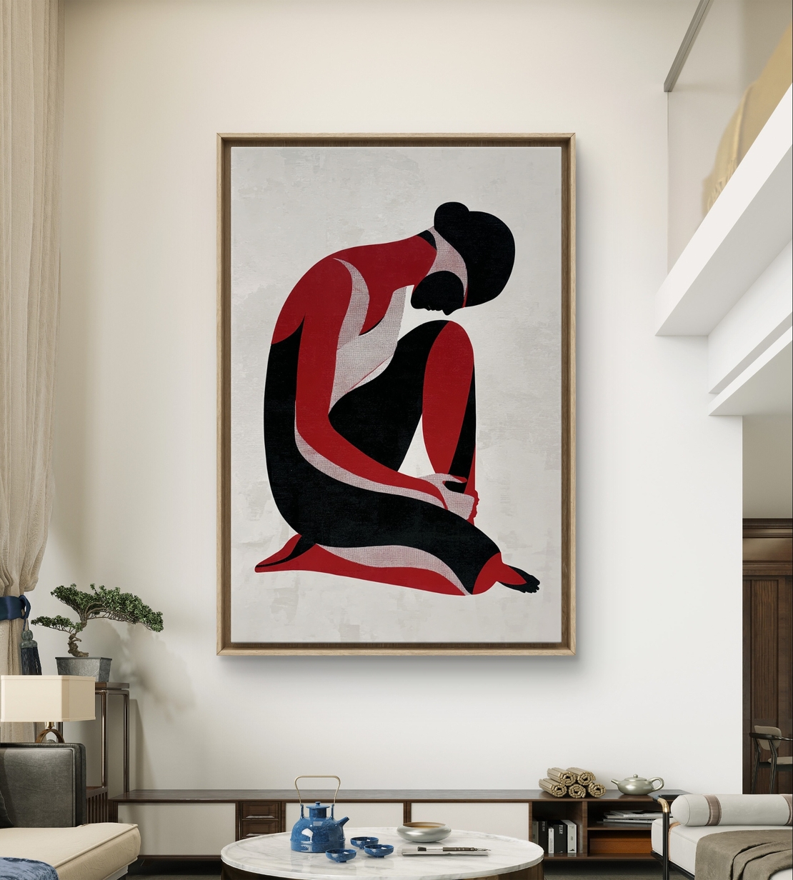 תמונת קנבס עם דמות נשית מינימליסטית בגווני שחור ואדום בעיצוב מודרני