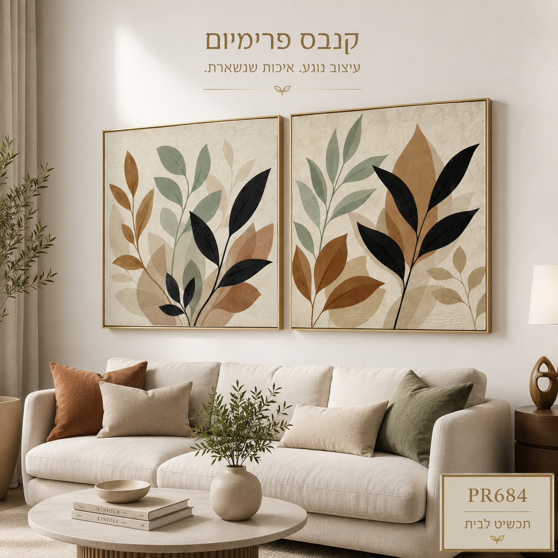 זוג תמונות קנבס פרימיום עלים בוטניים חום-ירוק-שחור מרובע