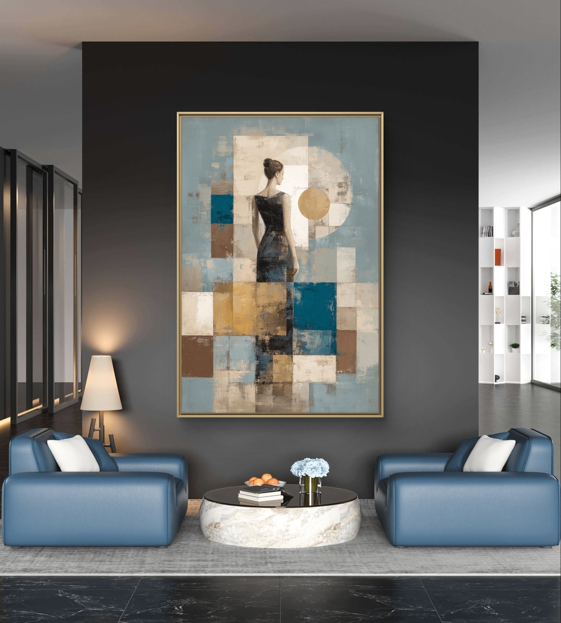 תמונת קנבס של דמות נשית בגב לצופה עם קומפוזיציה גאומטרית בגווני תכלת, קרם וחום בהדפסה חלקה