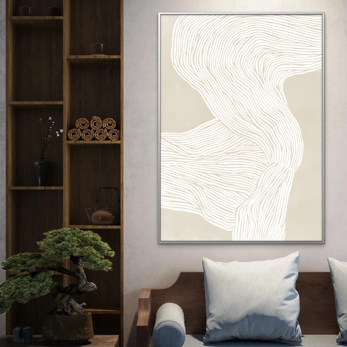 תמונת קנבס מודרנית בגווני שמנת עם קווים לבנים זורמים בעיצוב מינימליסטי מתוך קולקציית NEXTGEN BY BAR מבית תכשיט לבית.