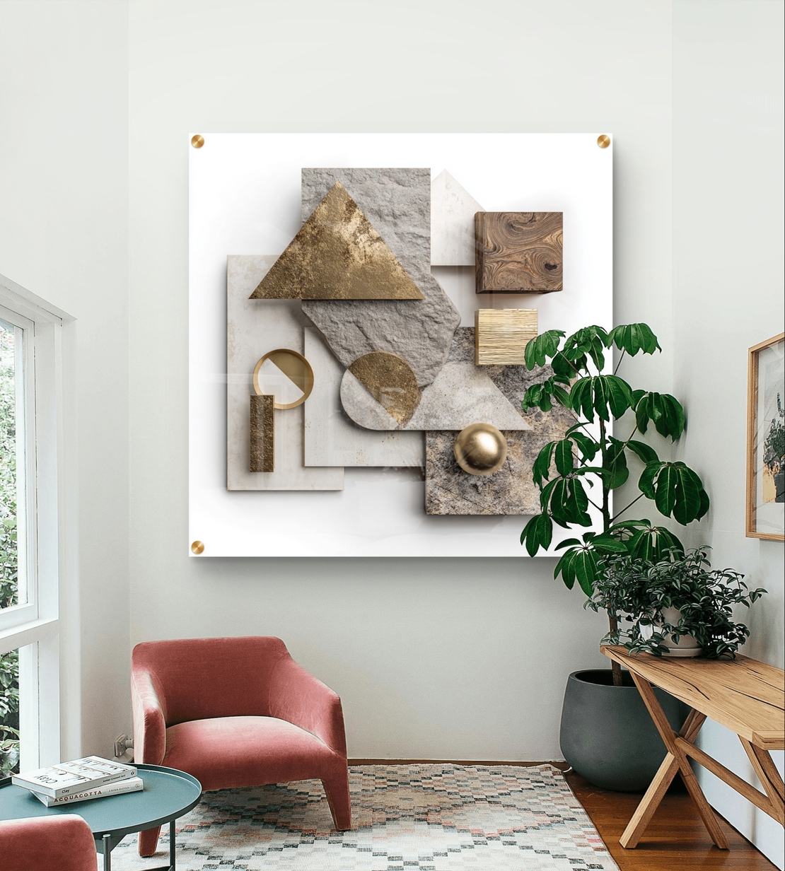 תמונת זכוכית מרובעת עם קומפוזיציה גאומטרית משולבת אבן, עץ ואלמנטים מוזהבים בהדפסה חלקה