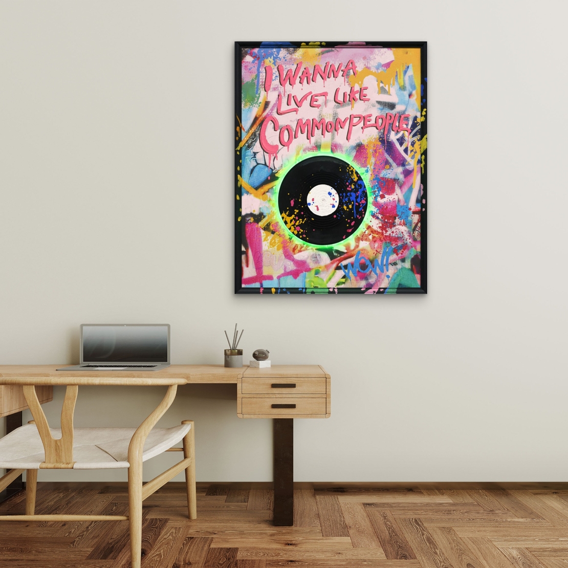 תמונת LED תקליט גרפיטי עם משפט השראה – הדפס משודרג עם מריחות צבע, מופעלת על סוללות עם שלט רחוק מידה 63*83 ס