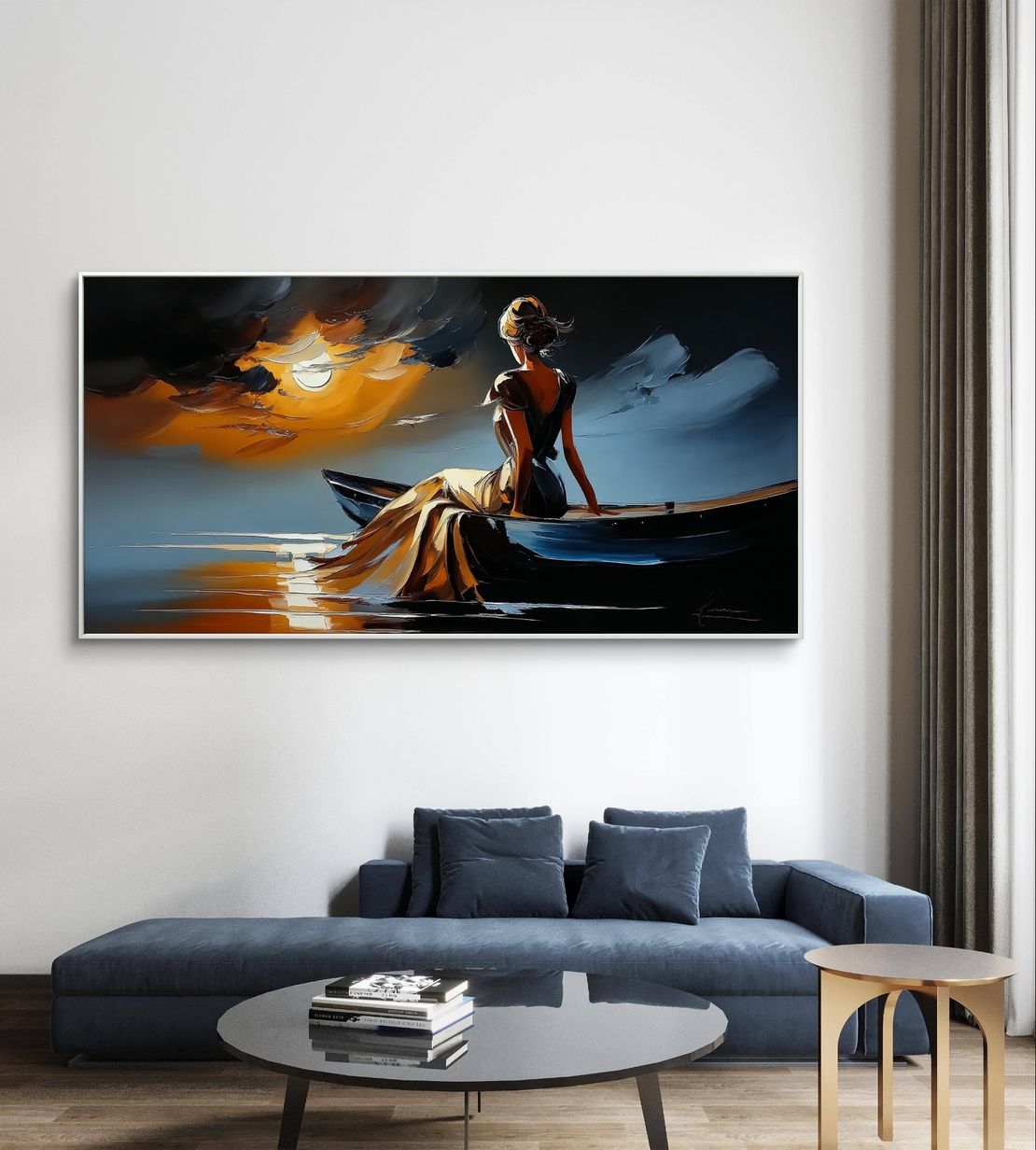 תמונת קנבס של אישה יושבת בסירה מול שקיעה זהובה, בהדפסה חלקה ללא תבליט, מקולקציית תכשיט לבית.