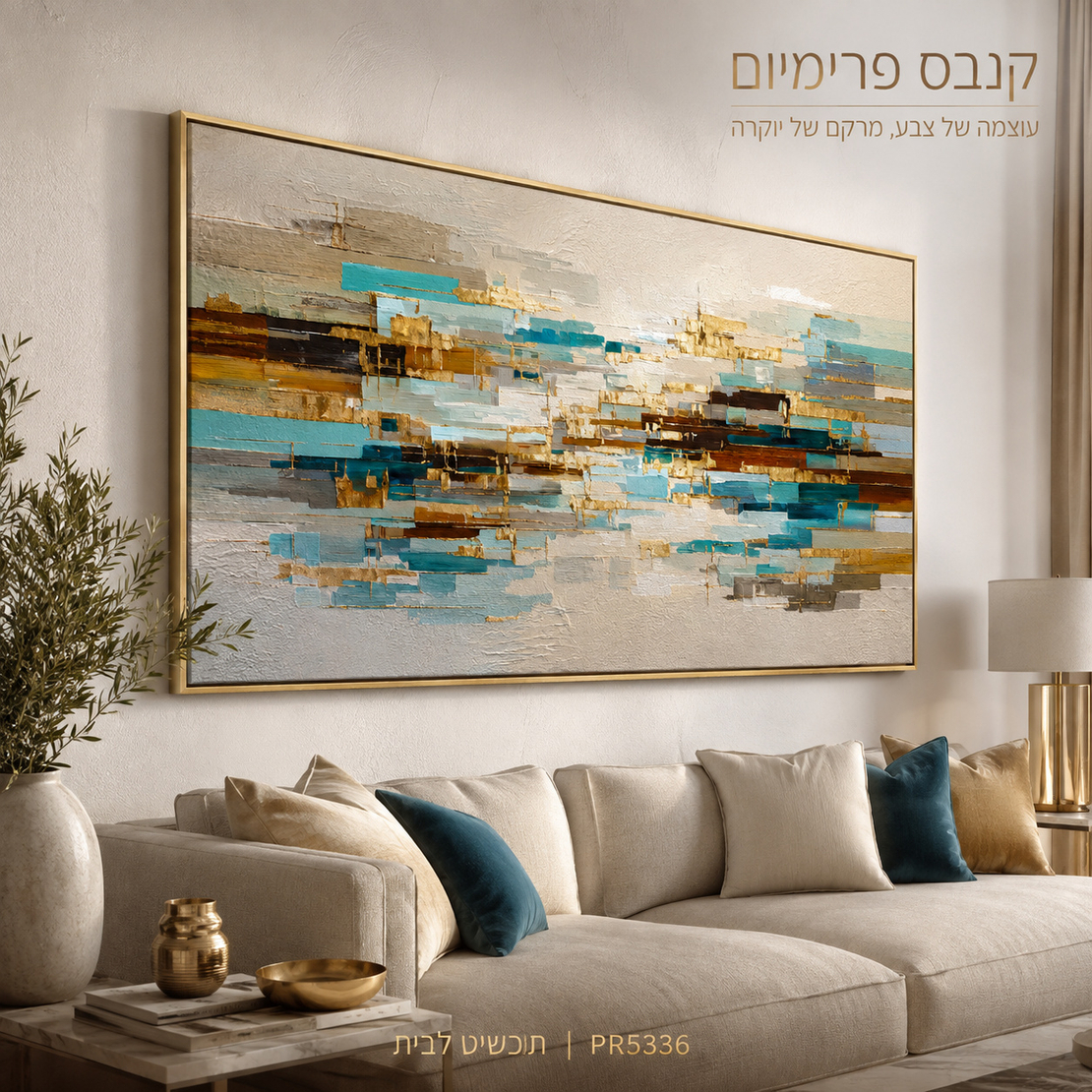 קנבס פרימיום Art Touch | שכבות טורקיז וזהב עם מרקם עמוק | דגם PR5336