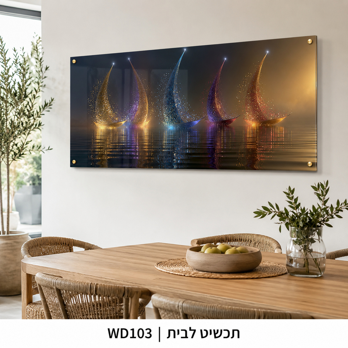 צי המפרשים הזוהר – תמונת זכוכית לרוחב סירות מוארות לסלון | WD103