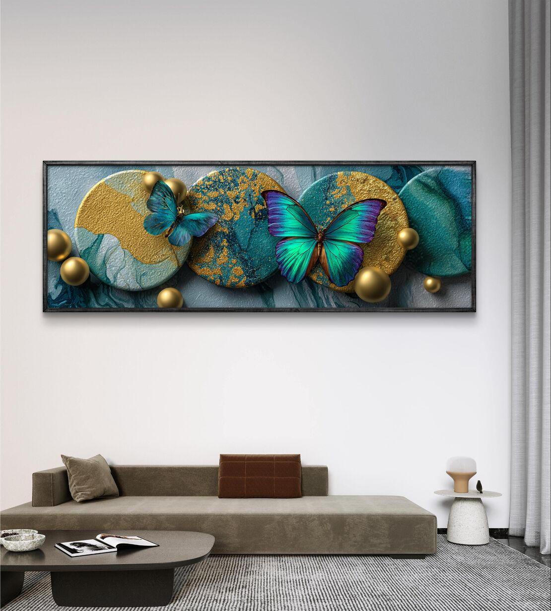 תמונת קנבס פנורמית עם פרפרים בגווני טורקיז וזהב בהדפסה חלקה – תכשיט לבית