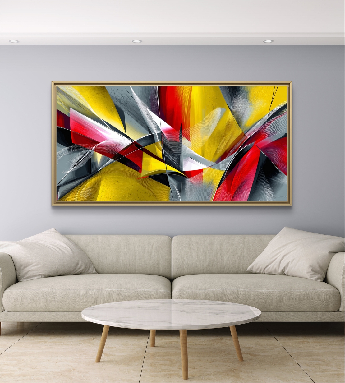 תמונת קנבס אבסטרקטית לרוחב בגווני צהוב, אדום ואפור עם קווים דינמיים ותנועה מודרנית