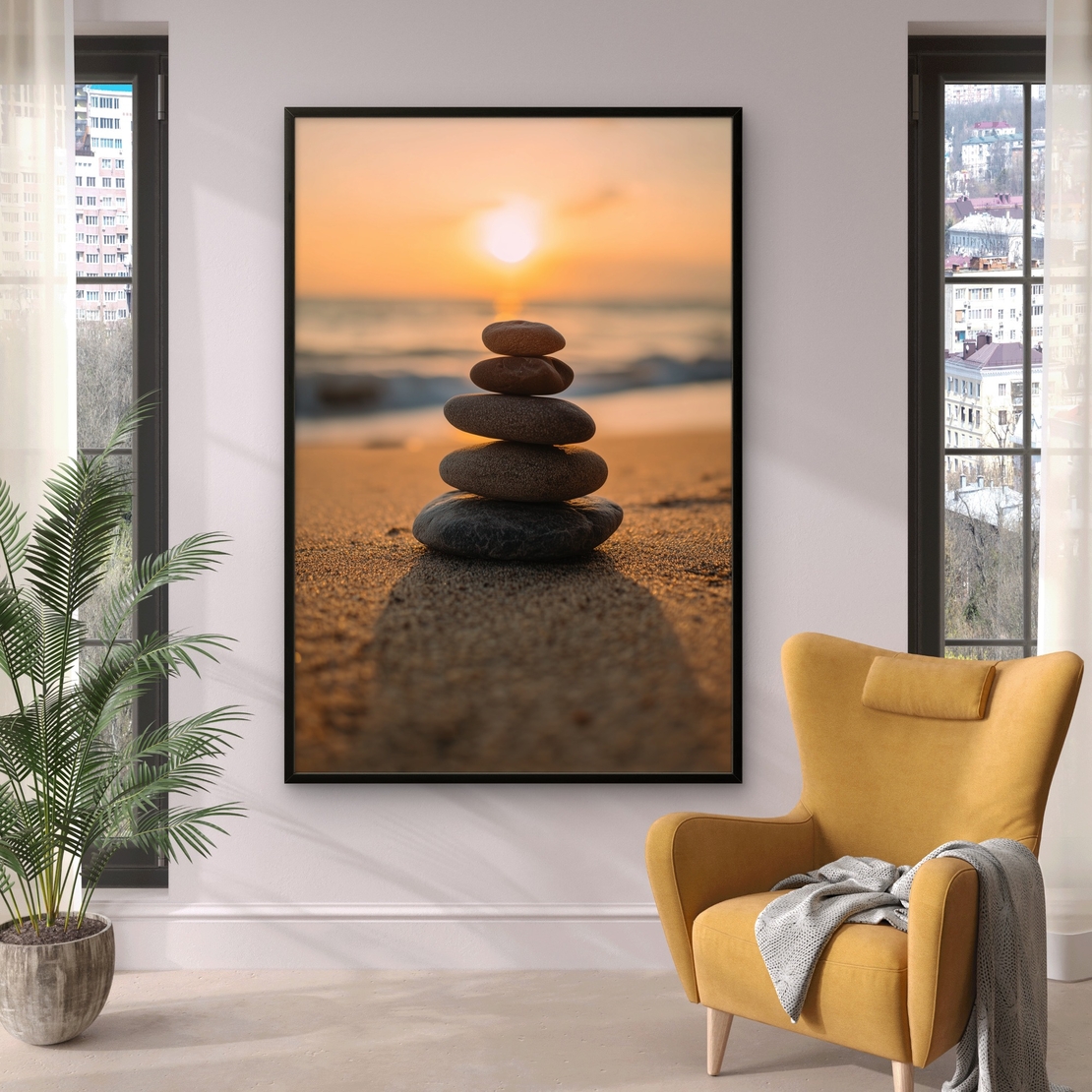 תמונת קנבס של ערימת אבנים על חוף ים בשקיעה רכה – קולקציית NEXTGEN BY BAR