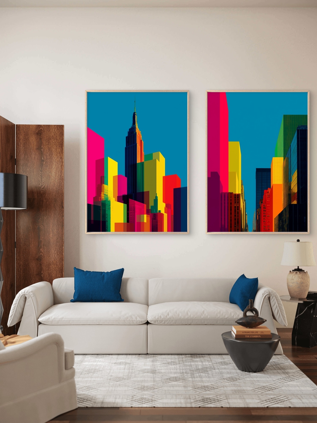 זוג תמונות קנבס אורבניות של ניו־יורק בצבעי ניאון חזקים על רקע כחול – NEXTGEN BY BAR