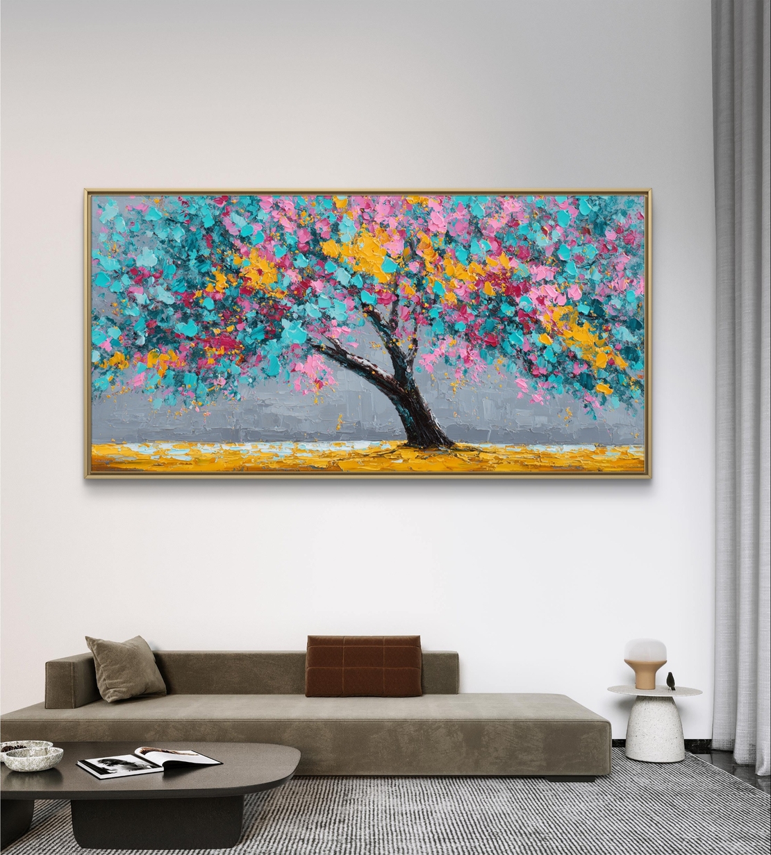 ציור עץ מודרני ושמח עם עלווה צבעונית על רקע אפור