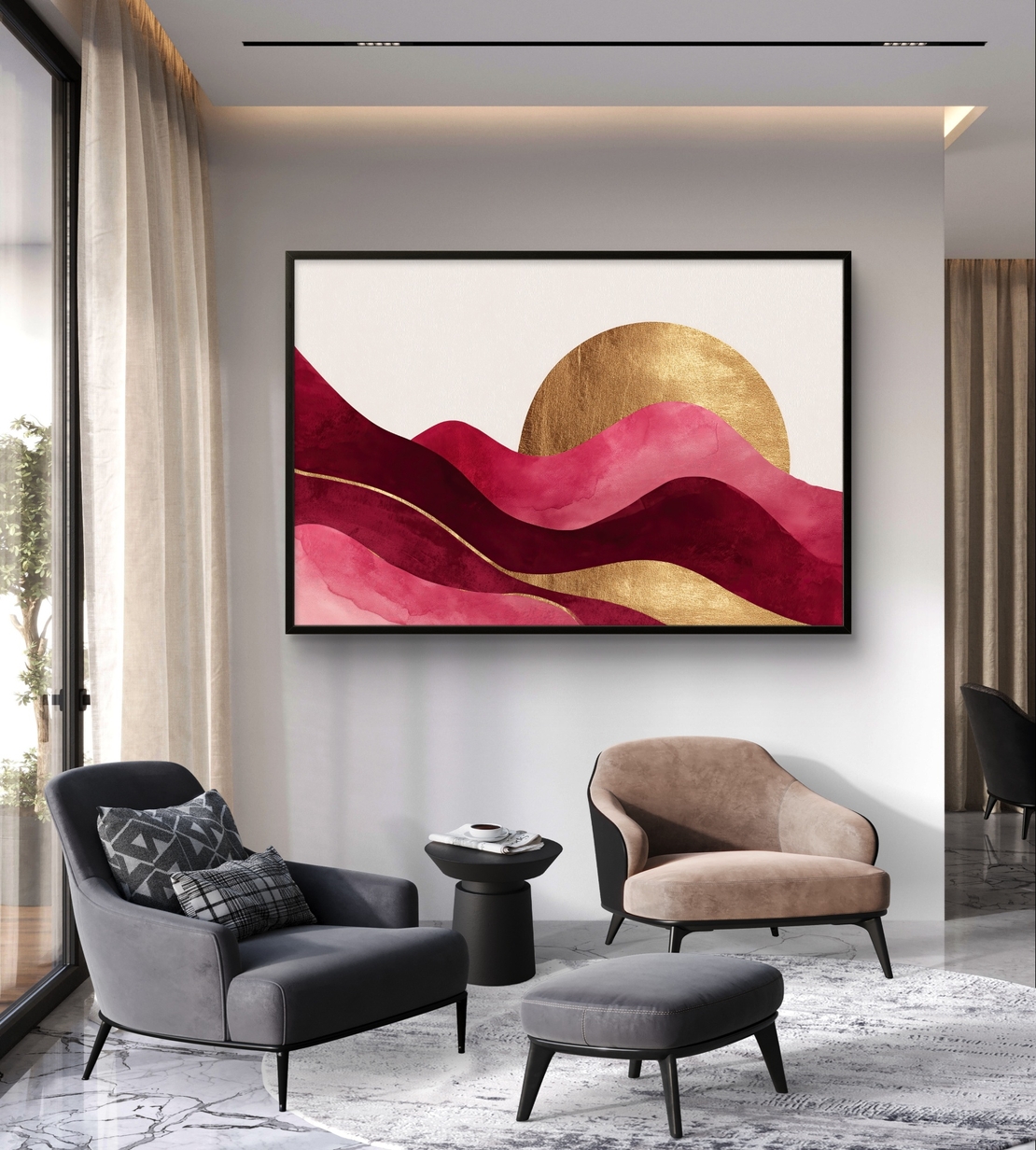 גלי בורדו, ורוד וזהב – תמונת קנבס אבסטרקטית אלגנטית | CP4523