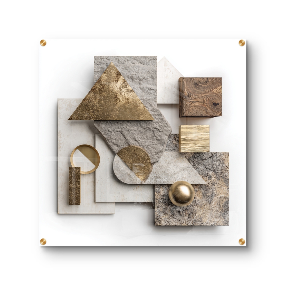 תמונת זכוכית מרובעת עם קומפוזיציה גאומטרית משולבת אבן, עץ ואלמנטים מוזהבים בהדפסה חלקה
