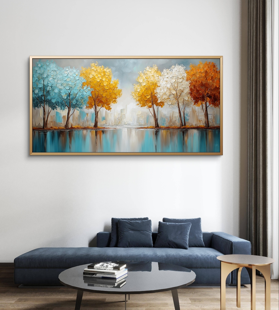 תמונה גדולה לקיר בעיצוב טבע מודרני בצבעים חמימים וקרים.