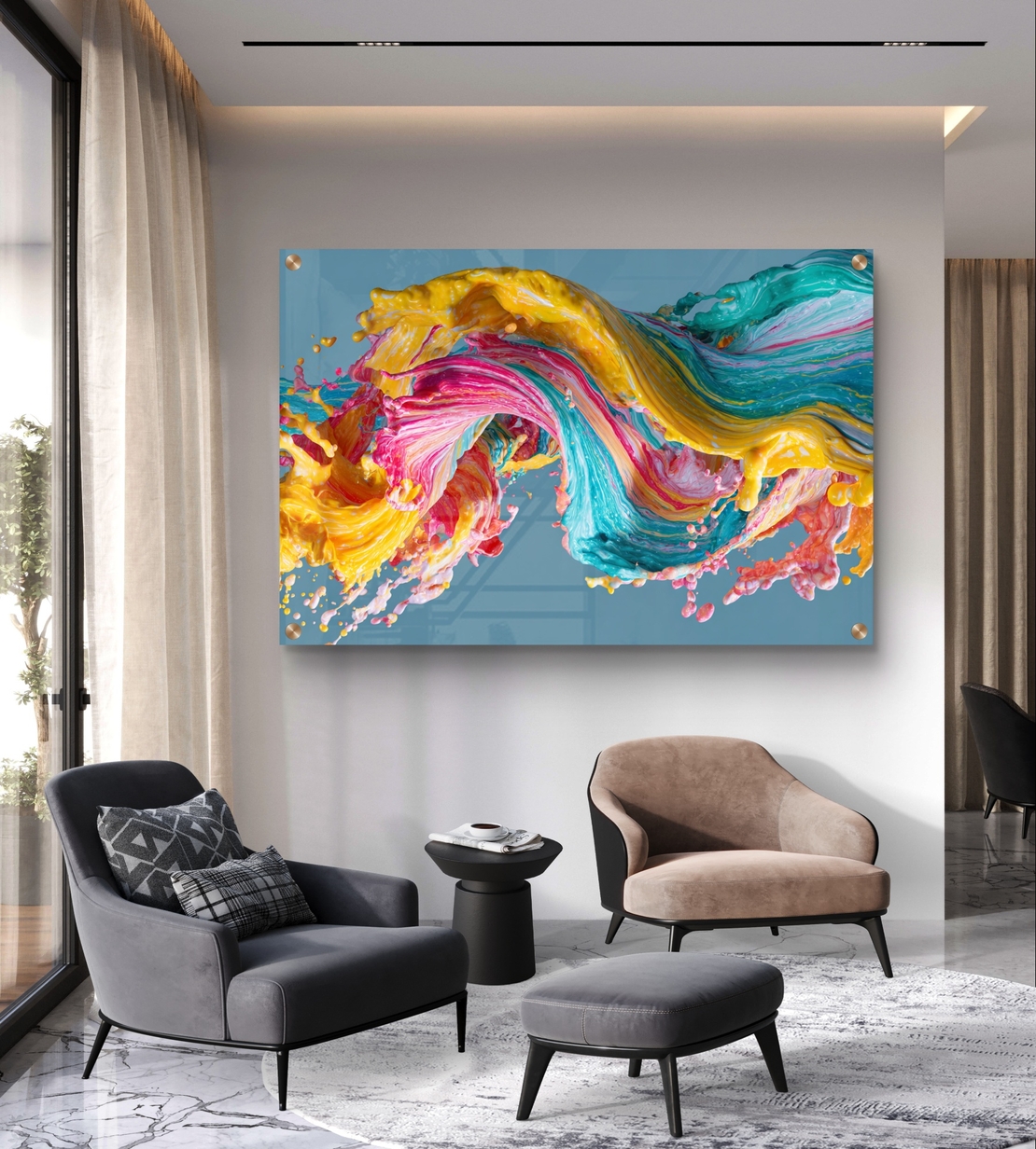 תמונת זכוכית אבסטרקטית עם גל צבעים דינמי בגווני טורקיז, צהוב וורוד בעיצוב מודרני