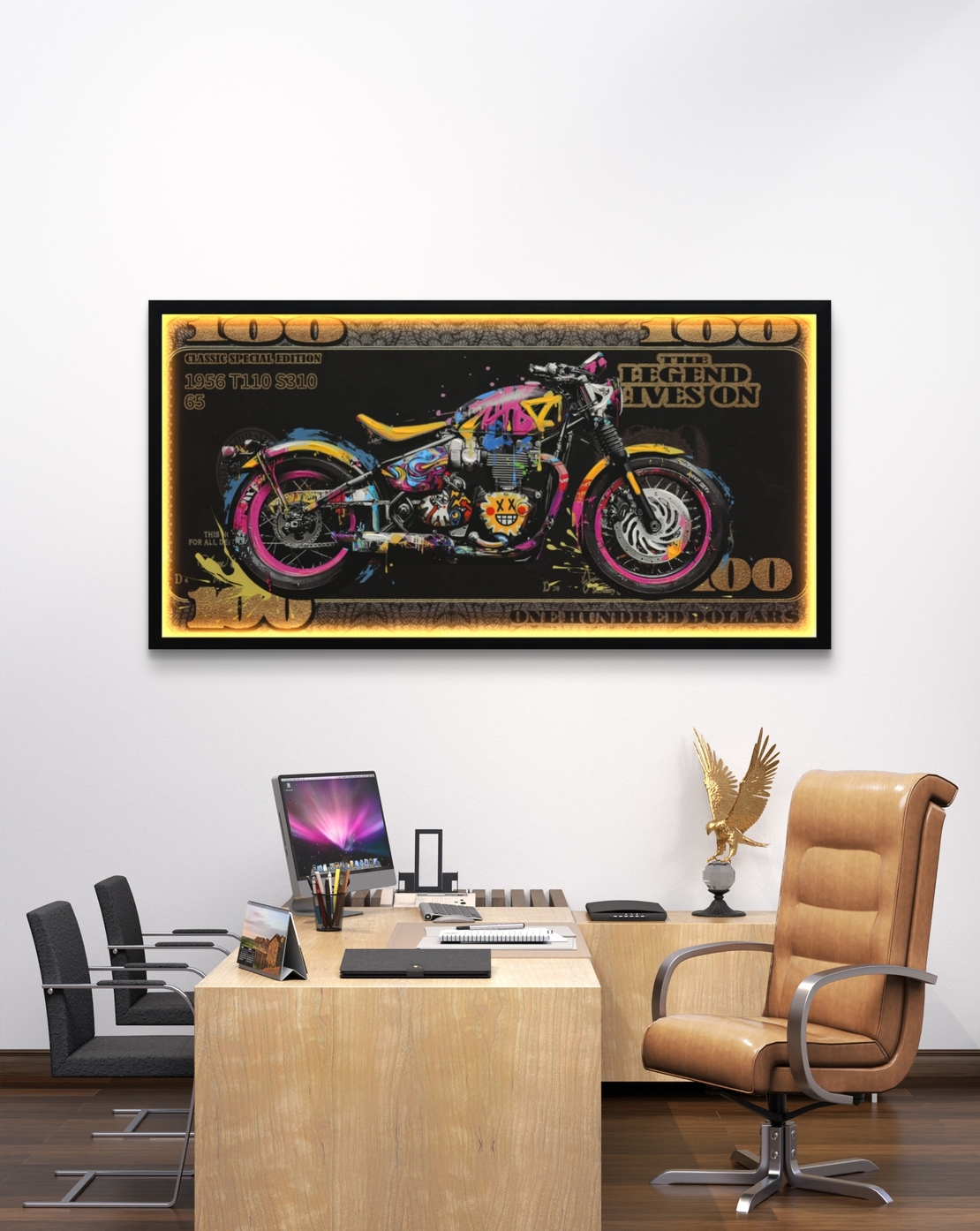 תמונת אופנוע גרפיטי על שטר 100 – אמנות LED על סוללות עם שלט רחוק--מידה 123-63 ס