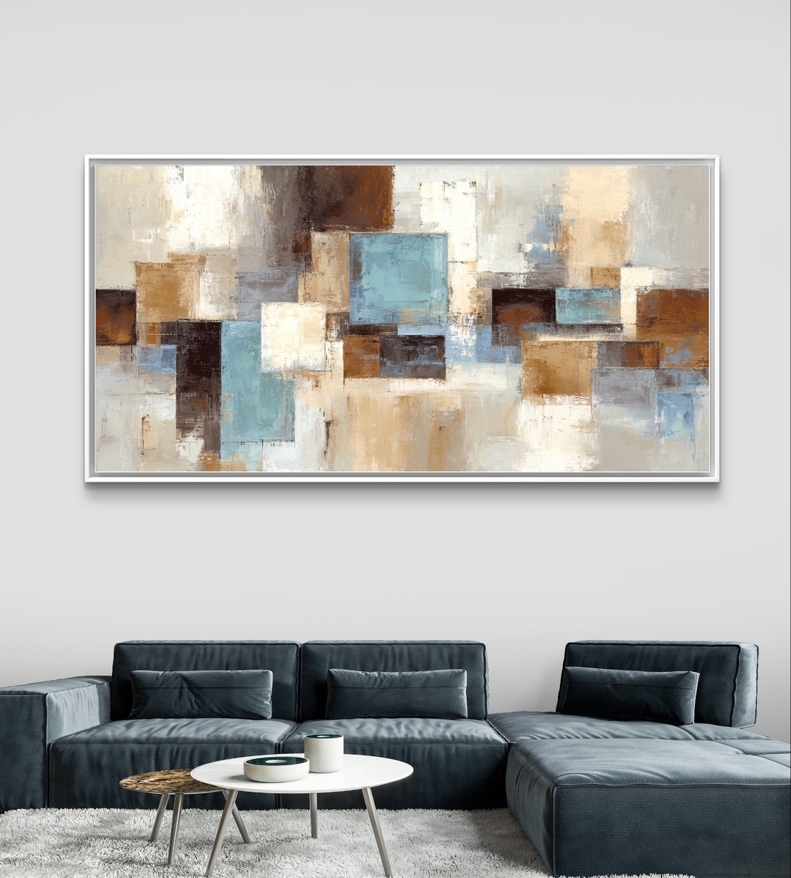 תמונת קנבס אבסטרקטית עם בלוקים בגווני תכלת, בז׳ וחום