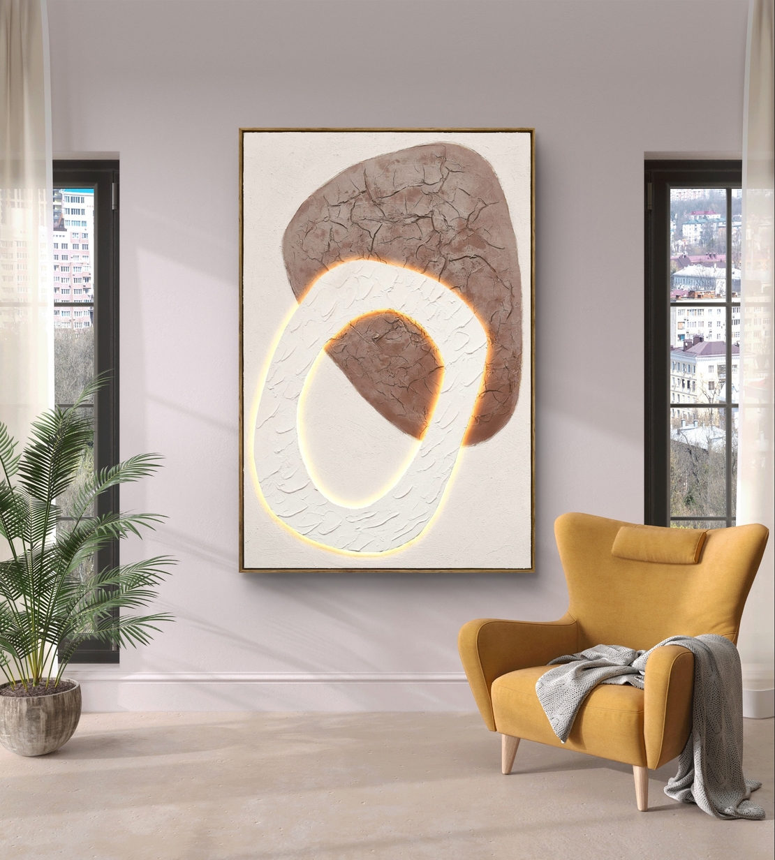 תמונת LED עבודת יד אבסטרקטית בגווני לבן וחום – מופעלת על סוללות עם שלט רחוק - מידה 83-123 ס