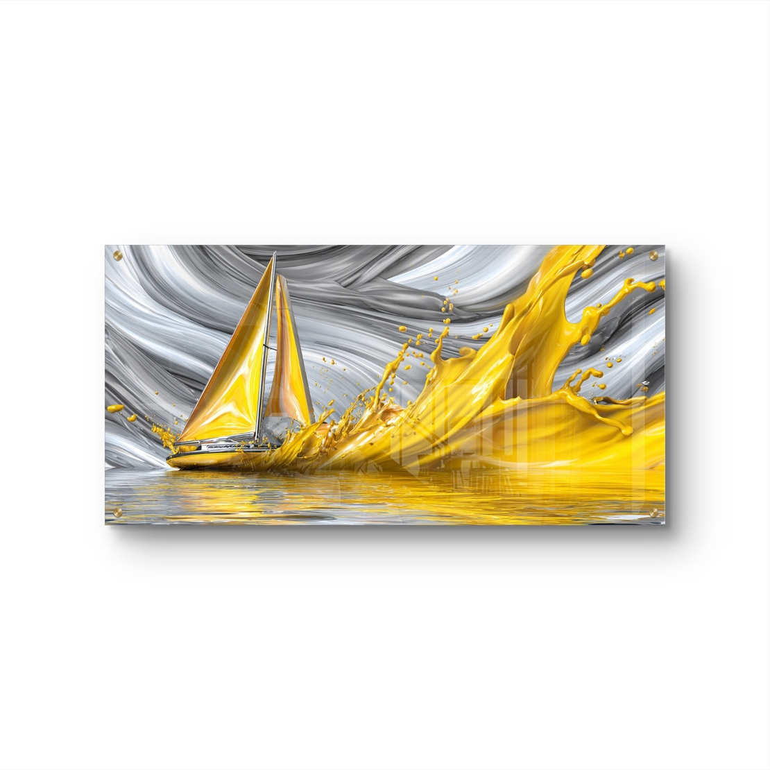 תמונת זכוכית לרוחב עם סירה ומפרש זהוב בתנועה דרמטית על רקע גלים אפורים
