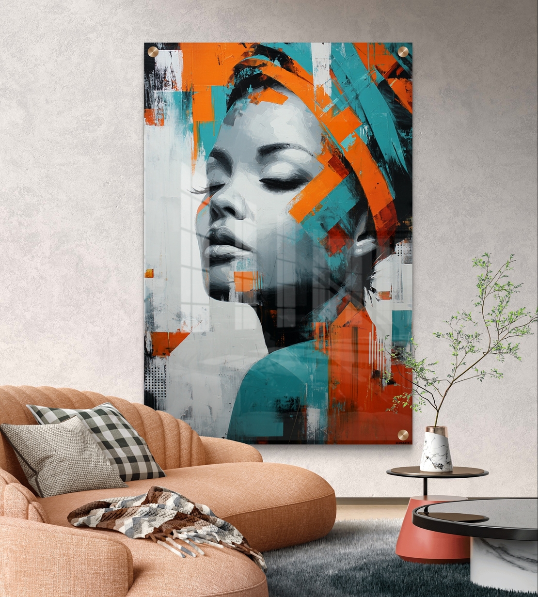 תמונת זכוכית פורטרט מודרני בגווני טורקיז וכתום עם הדפסה חלקה ללא תבליט – תכשיט לבית