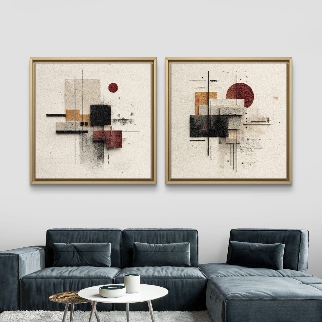 זוג תמונות קנבס גיאומטריות בגווני שמנת, שחור ובורדו – דגם SB6301