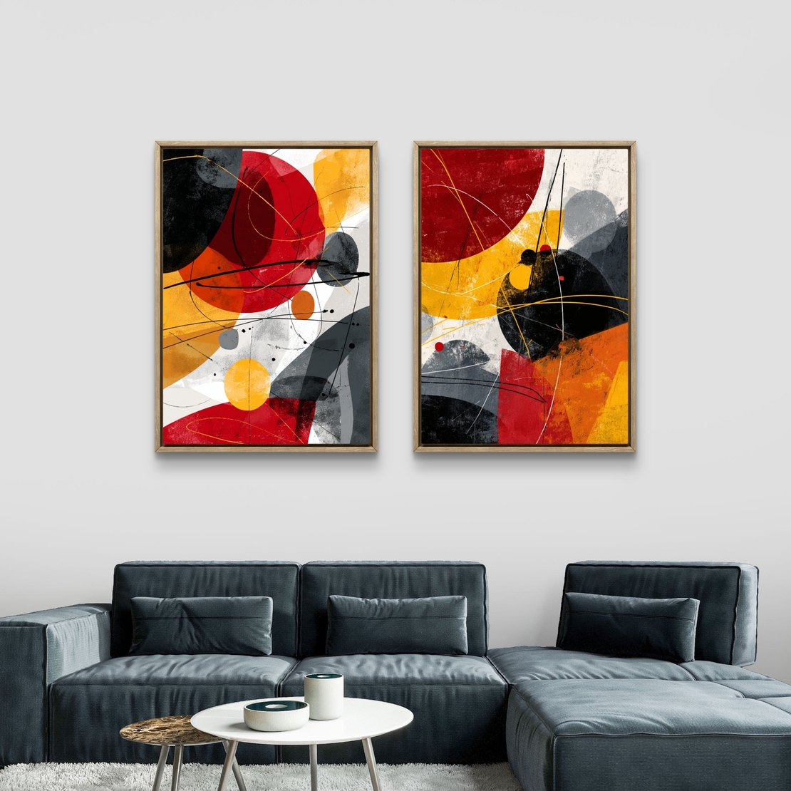 סט תמונות קנבס זוגי בעיצוב אבסטרקט צבעוני בגווני אדום, צהוב, שחור ואפור – תכשיט לבית