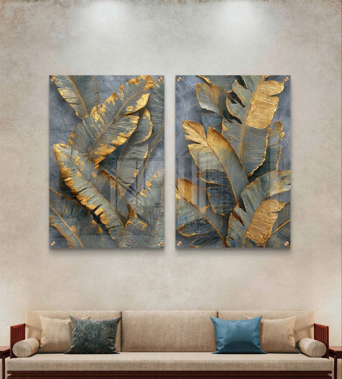 תמונת זכוכית זוגית עם עלים בגווני אפור וזהב בהדפסה חלקה יוקרתית
