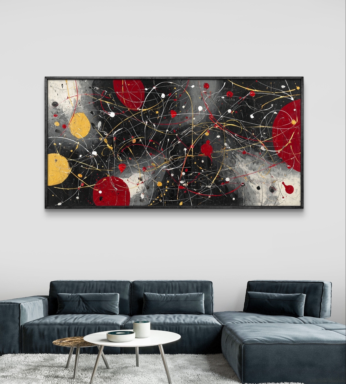 תמונת קנבס אבסטרקטית לרוחב בגווני שחור, אדום וצהוב עם קווים דינמיים ונגיעות זהב