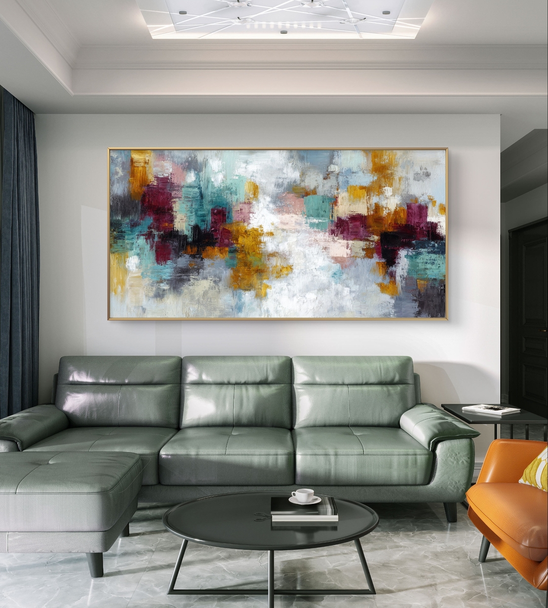 תמונת קנבס מופשטת לרוחב בגווני טורקיז, בורדו וזהב – תכשיט לבית