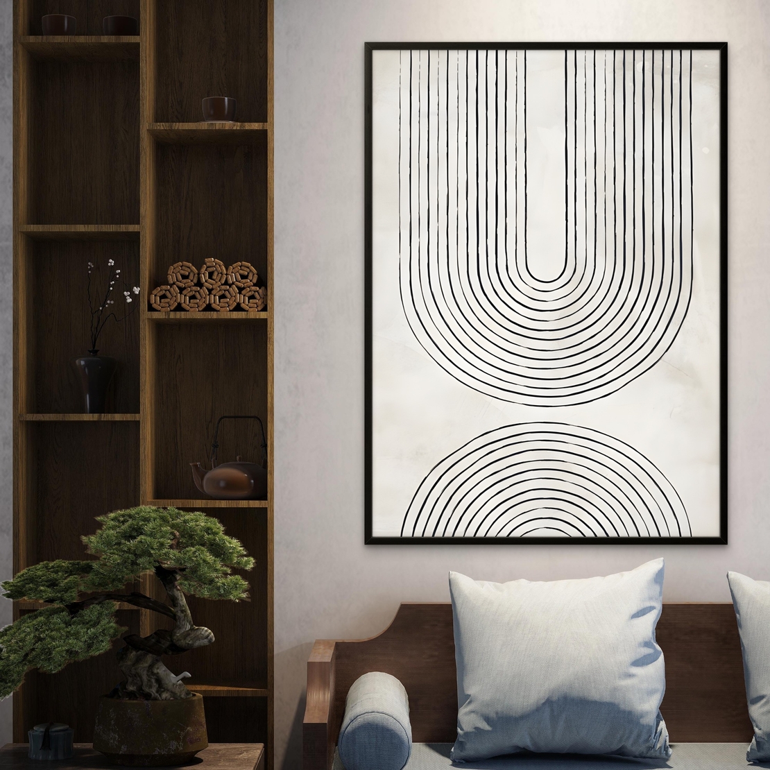 תמונת קנבס מינימליסטית עם קווים שחורים מעוגלים על רקע בהיר – NEXTGEN BY BAR