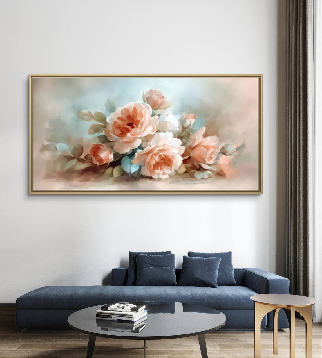 יצירת אמנות פרחונית רכה בסגנון ציור שמן לקיר סלון.