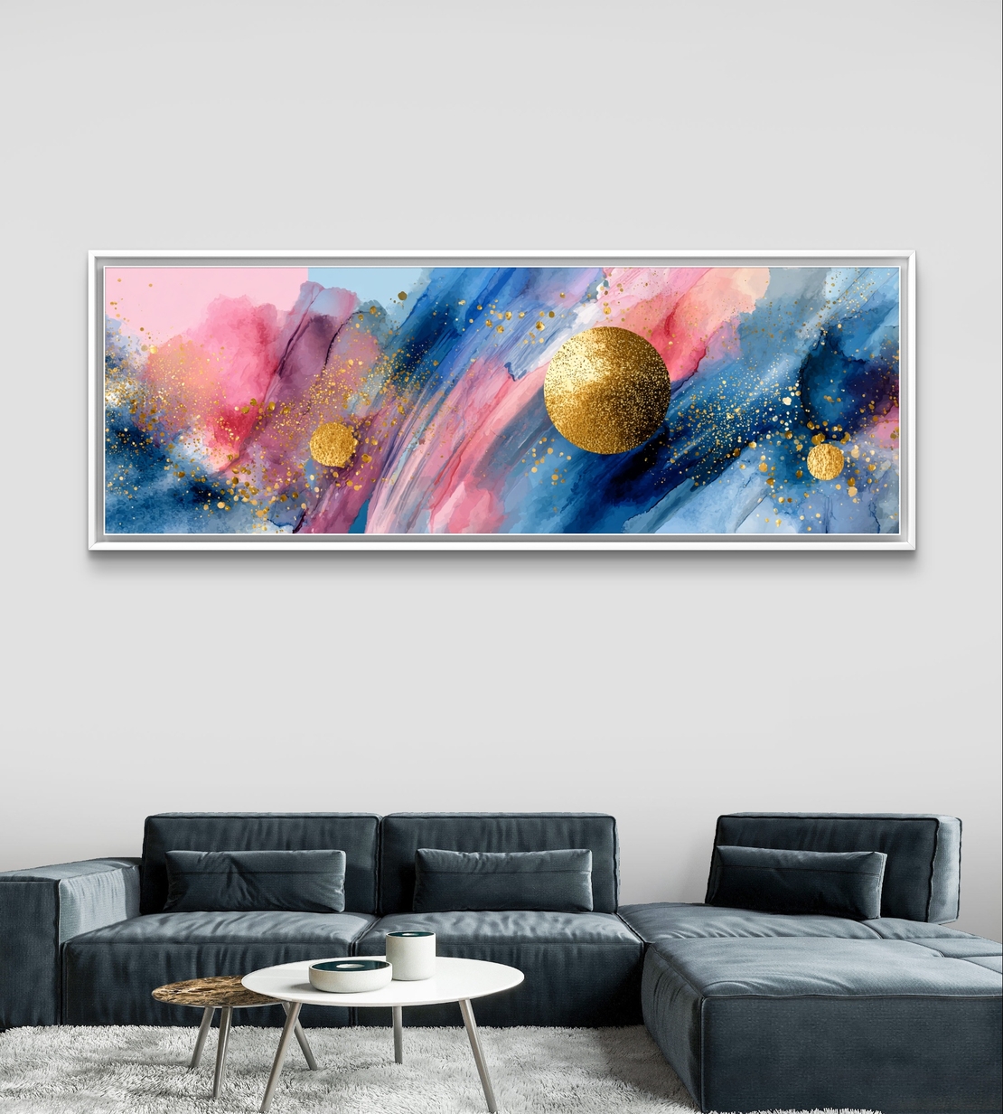 תמונת קנבס פנורמית צבעונית בגווני כחול וורוד עם נקודות זהב בהדפסה חלקה – תכשיט לבית