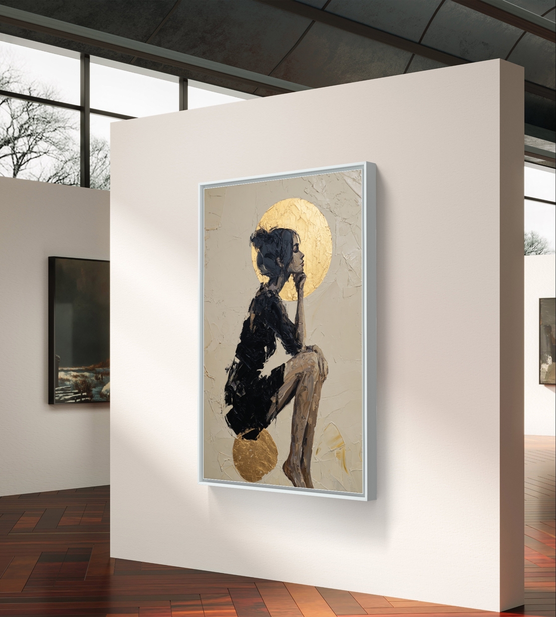 תמונת קנבס של דמות נשית אמנותית עם אלמנטים זהובים, בעיצוב מודרני ואלגנטי לבית