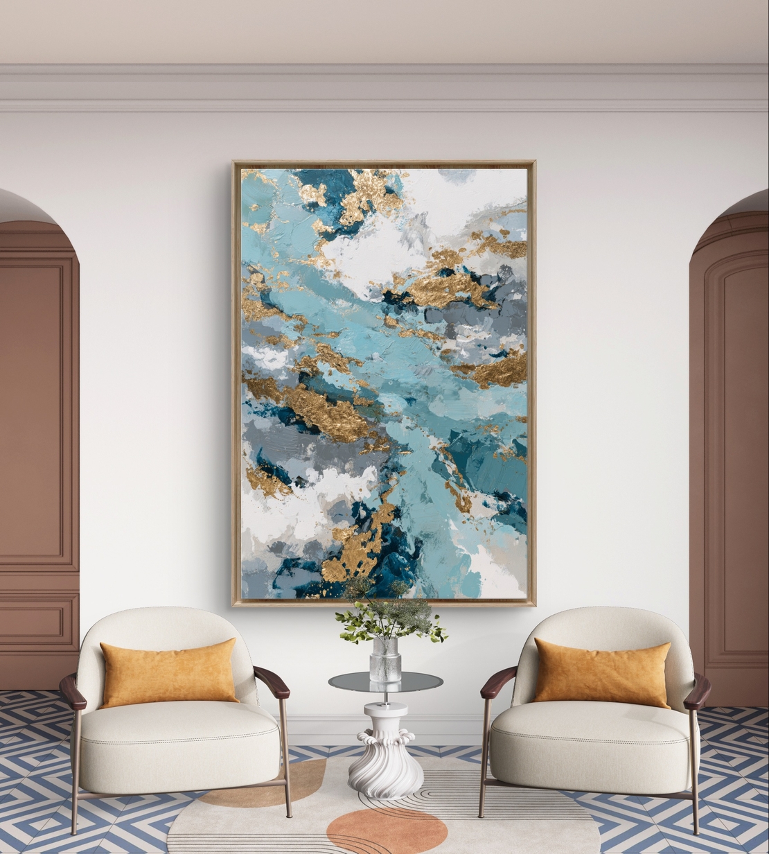 תמונת קנבס אבסטרקטית בגווני תכלת, כחול ולבן עם נגיעות זהב בעיצוב יוקרתי ואלגנטי לבית