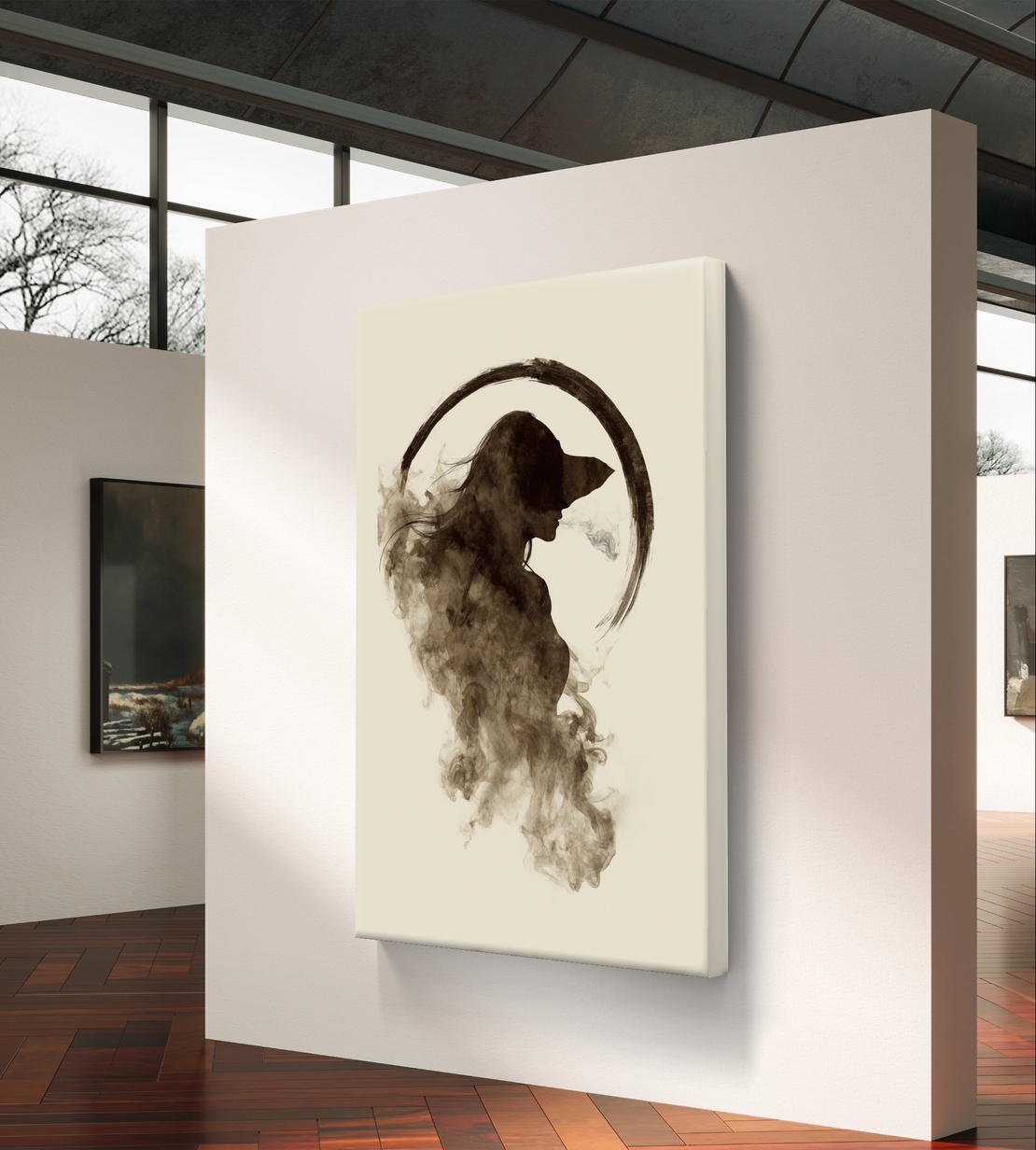 תמונת קנבס עם דמות נשית מופשטת בעשן רך ובסגנון מינימליסטי בגוונים טבעיים
