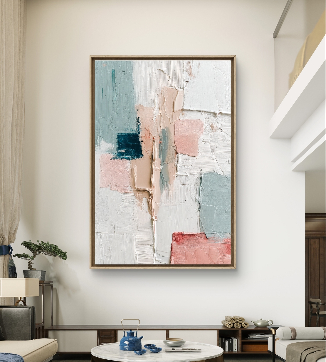 תמונת קנבס אבסטרקטית בגווני פודרה ותכלת עם מרקם עדין ועיצוב מודרני