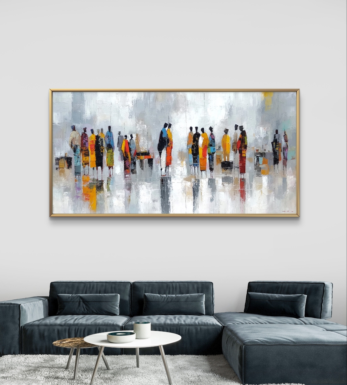 תמונת קנבס לרוחב עם דמויות אבסטרקטיות בצבעים חמים וסגנון מודרני