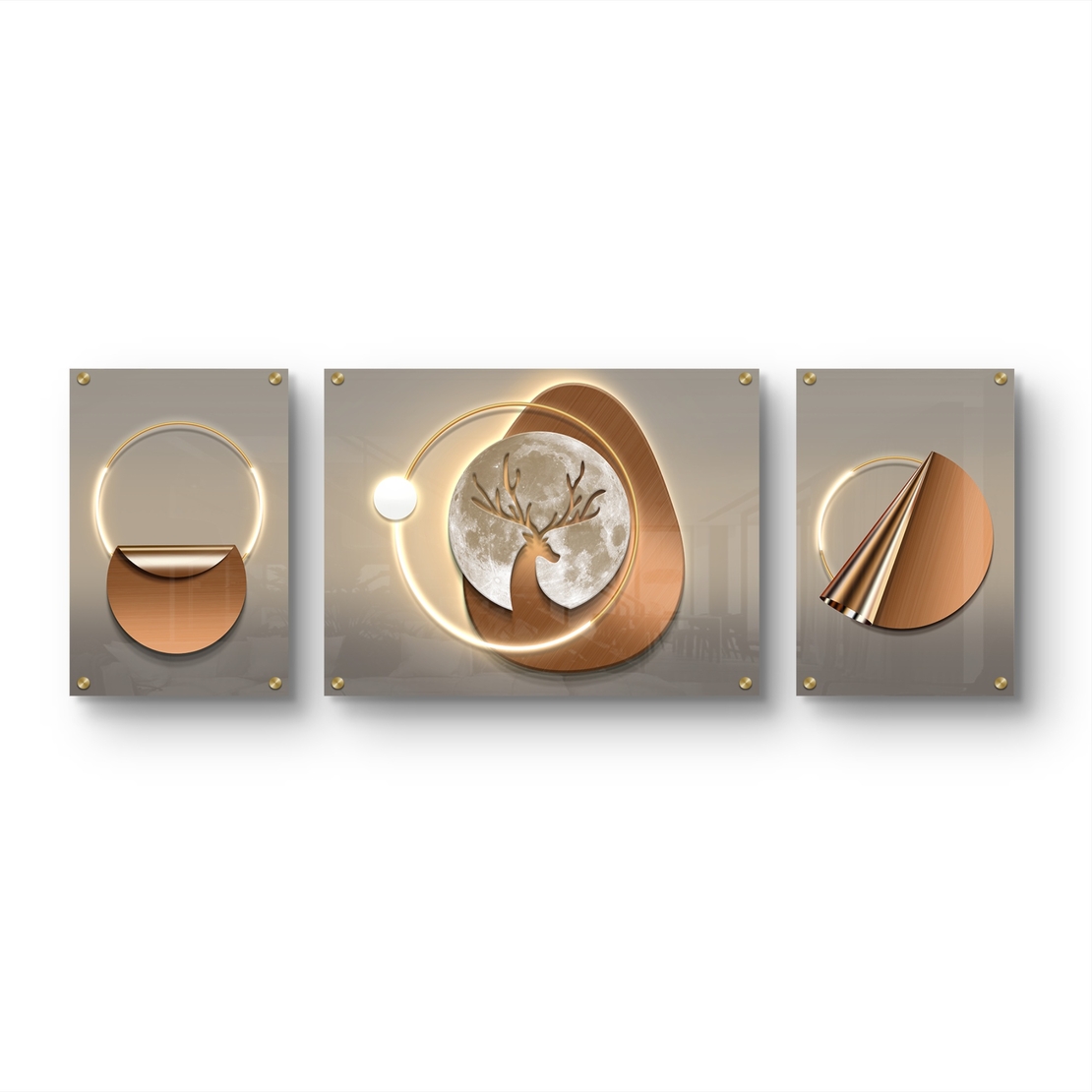 תמונת זכוכית מחולקת עם עיצוב גיאומטרי בגווני זהב ונחושת ומוטיב אור מרכזי