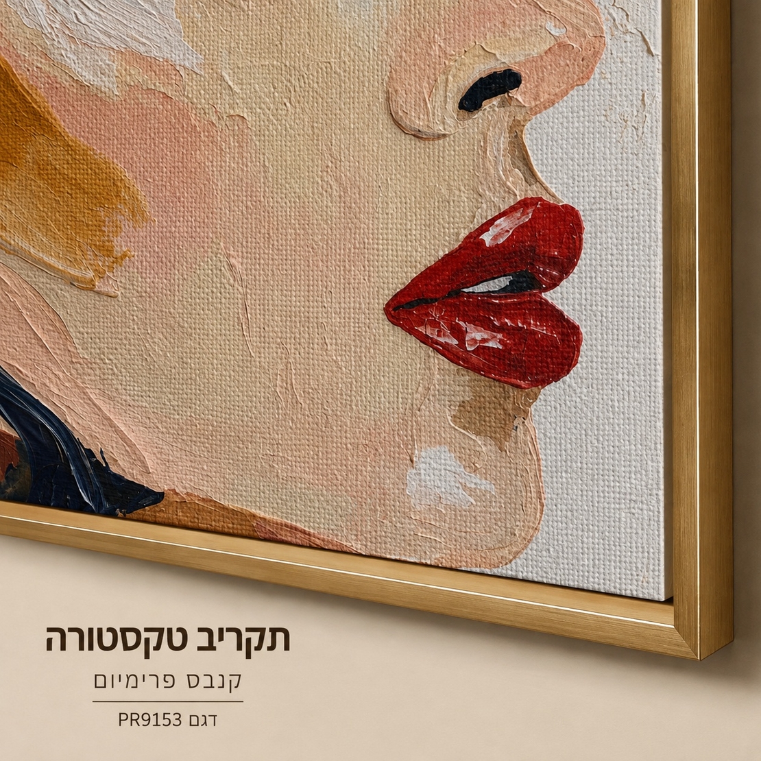 קנבס פרימיום Art Touch – פורטרט נשי רומנטי שיער כחול-זהב ושפתיים אדומות