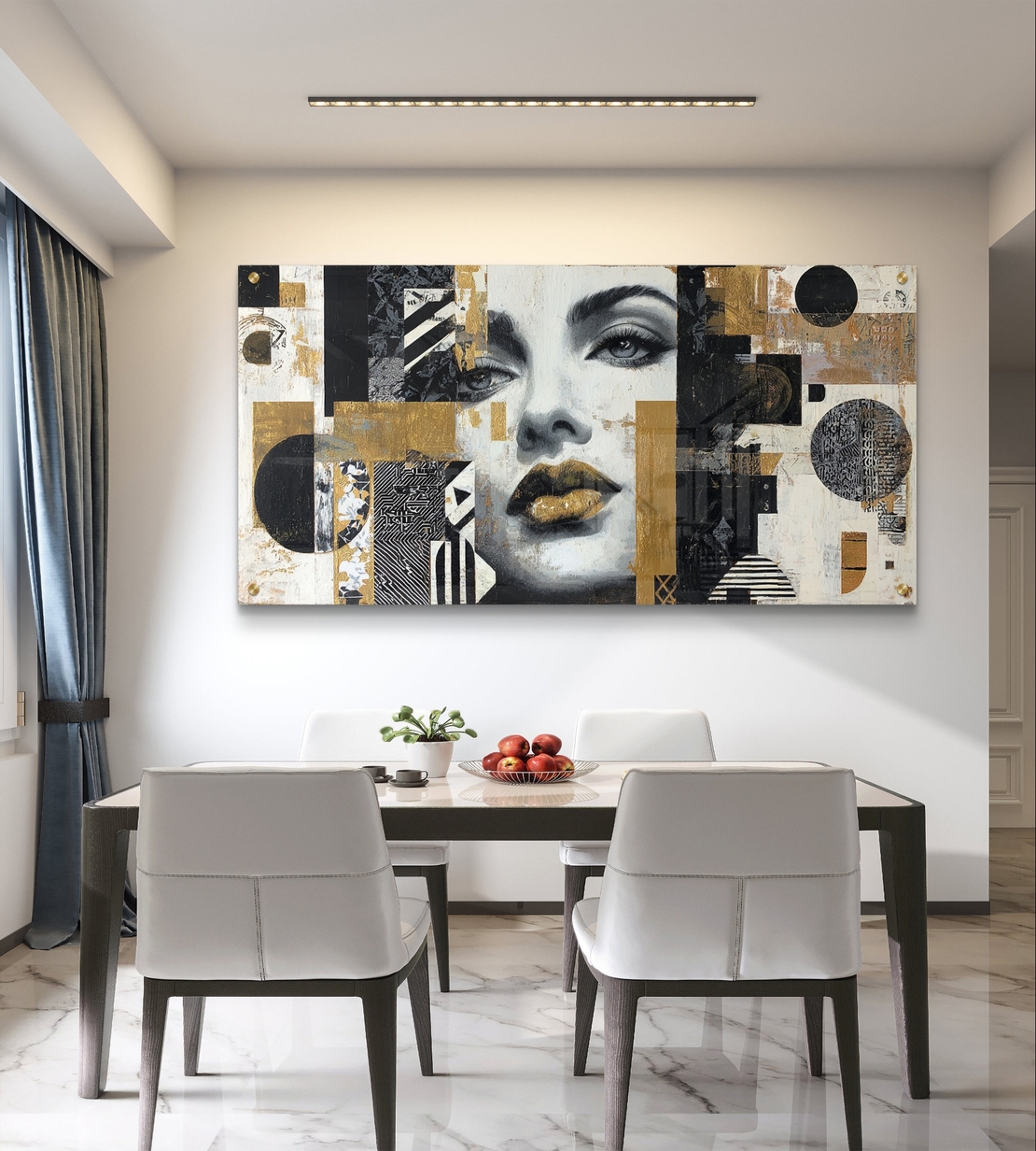 תמונת זכוכית לרוחב עם פורטרט נשי אבסטרקטי בגווני שחור, לבן וזהב לעיצוב סלון מודרני