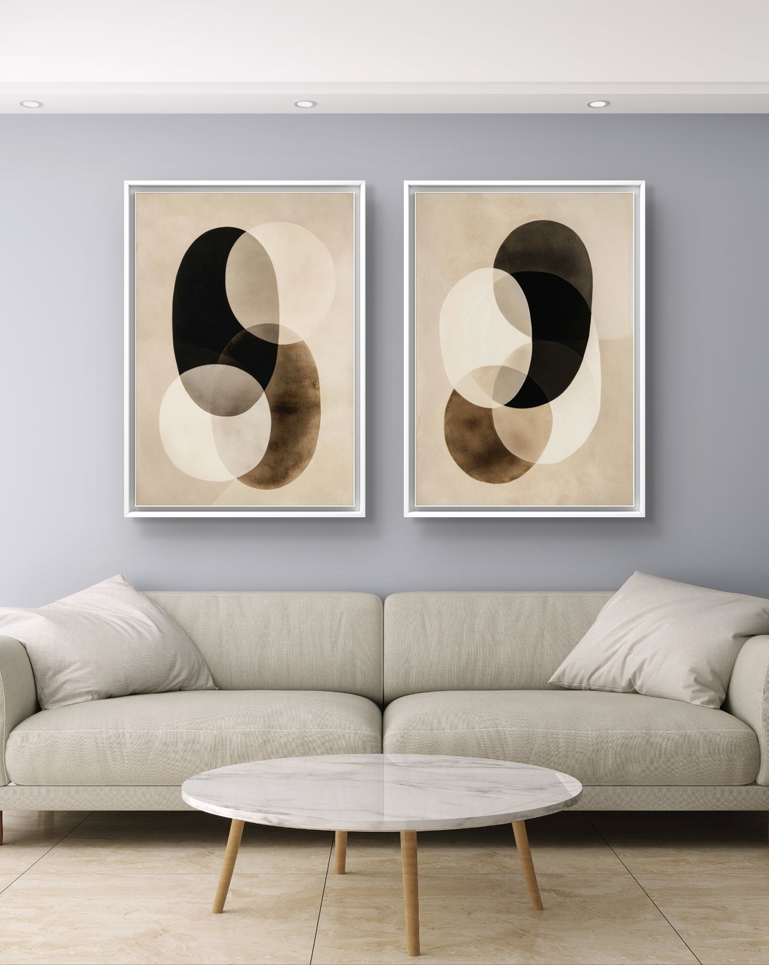 זוג תמונות קנבס אבסטרקטיות בגווני שמנת, שחור וקפה – דגם DA2221