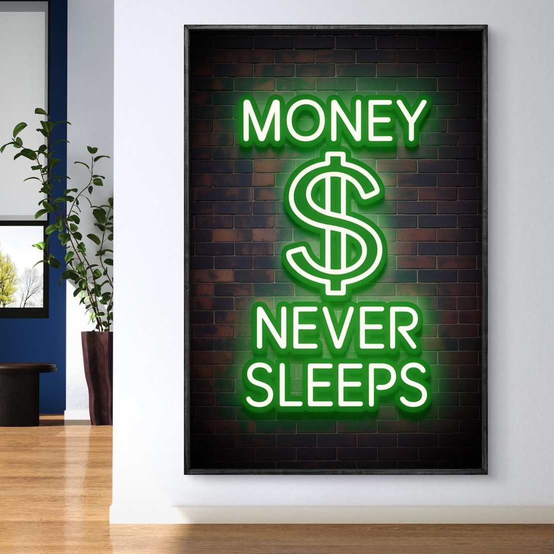 תמונת קנבס לאורך בעיצוב ניאון ירוק עם הכיתוב MONEY NEVER SLEEPS על רקע קיר לבנים
